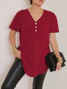 SHEIN LUNE Áo thun nữ công sở thanh lịch cổ chữ V màu trơn cỡ lớn, trang nhã, giản dị, mùa xuân/hè - Đỏ - Xem 1