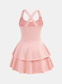 SHEIN Leap Crew Tween Girls Athletic Shorts Attached Dress Sports Set, Anti-Chafing - Baby Pink - View 2