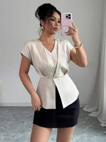 Elenzga French Style V-Neck Satin Short Sleeve Fitted Blouse, Apricot Color, Summer - Apricot - View 1