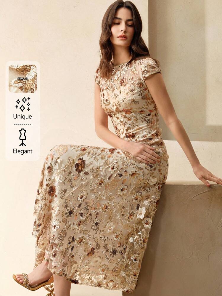Elegant Champagne Women's Dress, Floral Embroidered Mesh Resort Wear, Shiny Sequin Short Sleeve Party Dress, Spring/Summer Outfit Party Dresses For Women