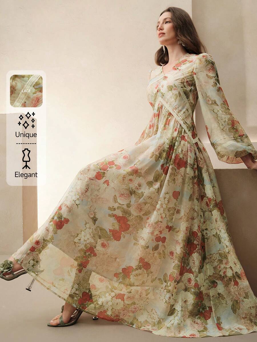 Anewsta 女士优雅长袖 A 字裙、节日及庆典服装、春夏 - 杏色 - 查看 1