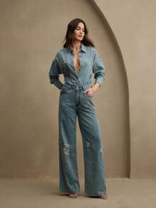 Anewsta 新款时尚闪亮钻石装饰做旧蓝色直筒牛仔裤，适合情人节和派对穿着 - 藍色 - 查看 9