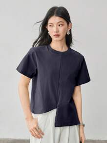 Dazy-Less Áo thun nữ công sở mùa hè, kiểu dáng thường ngày, thắt nút bất đối xứng, tay ngắn, thích hợp cho giáo viên. - Màu xanh hải quân - Xem 4