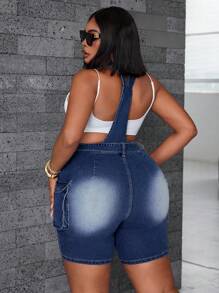 SHEIN SXY Plus Size Women Elastic Skinny Overalls Shorts Crossover Buckle Cargo Design Vintage Washed Skinny Denim Bib Pants Autumn Outfits For Women Festival Outfits Cowgirl Outfits For Women Overall Club Outfits Women Sexy Jumpsuit - Dark Wash - View 2