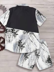 Manfinity Dauomo Summer Vintage Bamboo Leaf Print Men's Shirt And Shorts Set - Multicolor - View 2