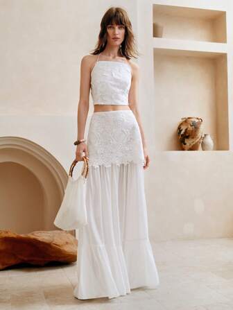 Arave 高品质白色蕾丝拼接直筒中长裙