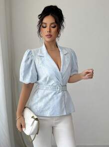 SHEIN Clasi Camisa de verano para mujer con mangas abullonadas de encaje, doble botonadura, cintura ceñida y cuello con solapa - Azul - Ver 4