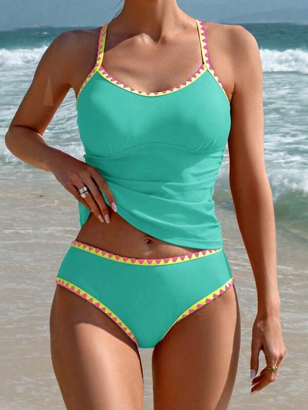 Swim Lushoire Women's Contrast Color Trim Tankini Set, For Beach/Resort Vacation