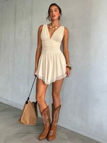 Aloruh 女士春夏时尚穿搭 音乐节 锐舞派对 锐舞派对服装 女士音乐节服装 乡村音乐会服装 音乐节服装 新款纯白低胸深V垂褶A字迷你连衣裙，派对/婚礼/度假/波西米亚风夏季女装 女士夏季服装 女士连衣裙 短款吊带裙 女士西部风服装 女士夏季连衣裙 白色连衣裙 女士白色连衣裙 度假波西米亚风，毕业礼服 - 白色 - 查看 4