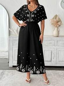 Flirla New Fashion Deep V-Neck Printed Black Waisted Long Sleeve Jumpsuits - Black - View 6