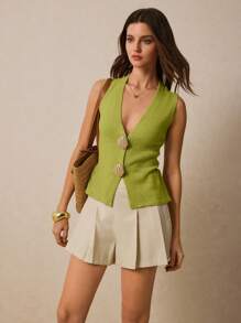 Poéselle 女士金属外壳V领无袖薄款开衫 - 綠色 - 查看 6