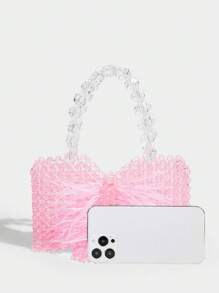 SHECARRY Bolso de playa elegante, dulce y de moda con cuentas y moño - Rosa - Ver 6