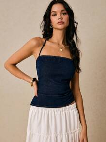 Poéselle 女式牛仔上衣 露背上衣 不对称下摆 女式上衣 纯色时尚吊带背心上衣，适合夏季 蓝色上衣，老款，商务休闲女性 - 深色水洗藍 - 查看 1