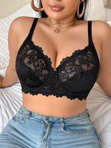 Plus Size Sexy Lace Underwire Lingerie Bra - Black - View 5