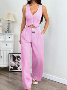 Solflare Rose Red Vest With Pants Sheer Plus Size Suit Set,Business Casual Woman In Fall/Winter - Hot Pink - View 5