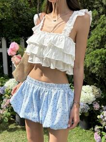 SHEIN EZwear Women's Polka Dot Print Elastic Waist Loose Fashion Bloomer Shorts - Blue - View 1