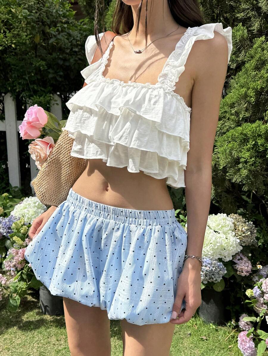 SHEIN EZwear Women's Polka Dot Print Elastic Waist Loose Fashion Bloomer Shorts - Blue - View 1