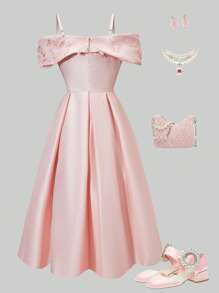 SHEIN 少女蝴蝶结露肩修身喇叭裙，粉色，适合派对 - 粉色 - 查看 2