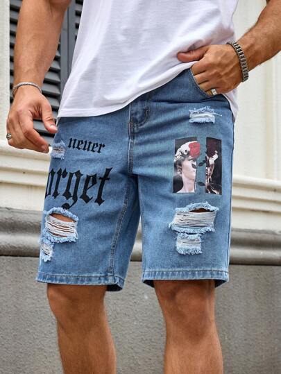 Manfinity LEGND 大码男士大卫字母印花口袋破洞休闲牛仔短裤男士 Emo 风格