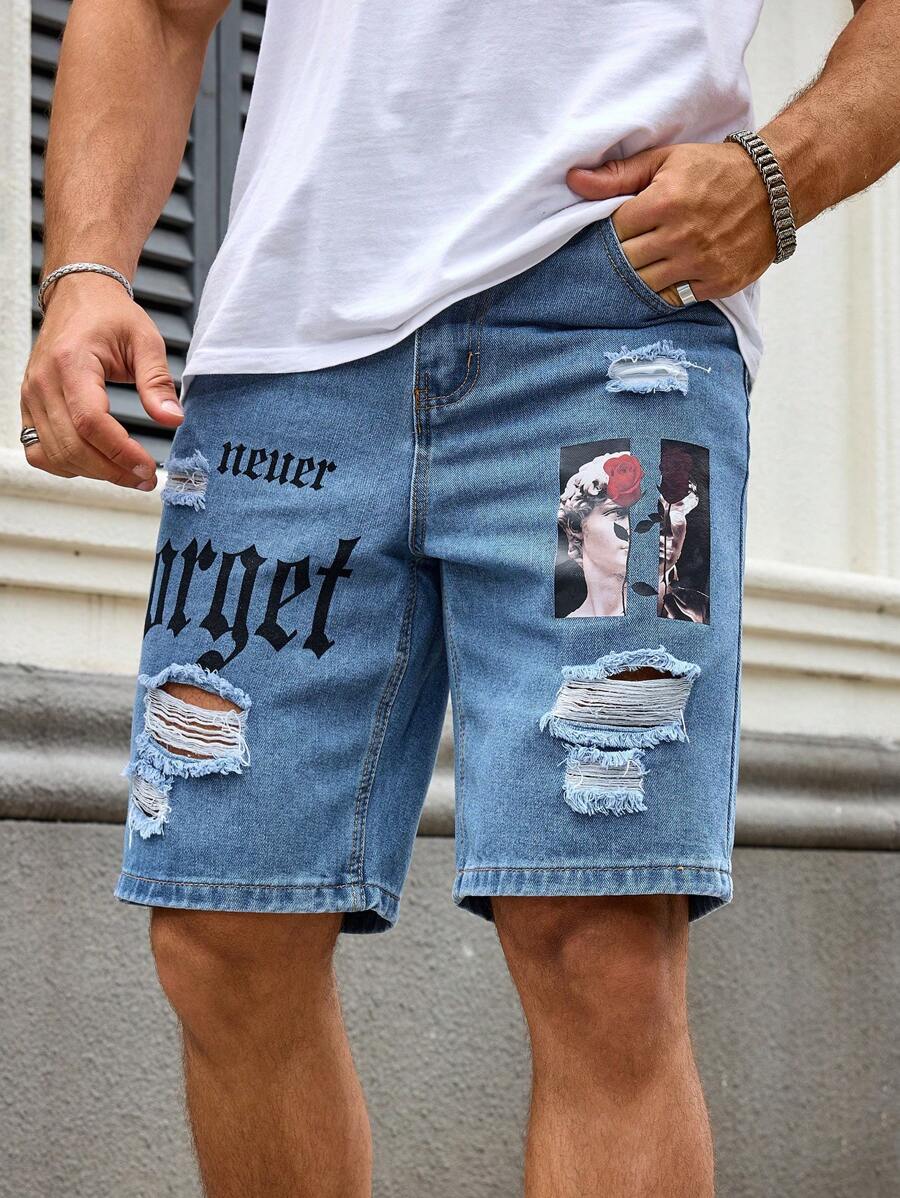 Manfinity LEGND 大码男士大卫字母印花口袋破洞休闲牛仔短裤男士 Emo 风格 - 淺色水洗藍 - 查看 1