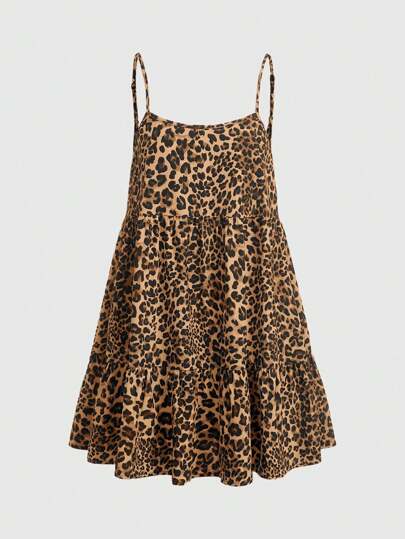 SHEIN EZwear Vestido corto sin mangas de verano con estampado de leopardo tejido para mujer