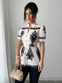 SHEIN Unity Women's V-Neck Printed Shirt With Ruffle Cuffs And Matching Button Decoration, Casual Vacation Style - Multicolor - View 4