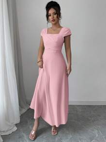 Modelyn Women's Elegant Solid Color Waist-Defined Square Neck Dress For Summer - Baby Pink - View 4