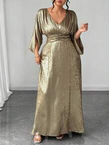 Elenzga Plus Size Women's Hot Selling V-Neck Split Waist A-Line Metallic Print Elegant Slimming Evening Dress For High-Level Banquet, Party, Business, Off Shoulder, Romantic, Super Long, Formal Gown - Gold - View 4