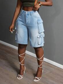 Slaydiva Women's Denim Shorts With Pockets, Fashionable For Summer - Blue - View 5