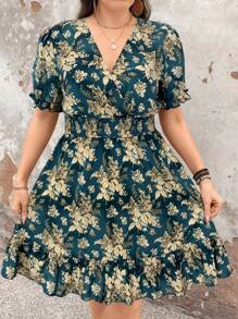 SHEIN Holidaya 大码女式花卉印花短袖夏季假日休闲连衣裙 - 彩色 - 查看 4