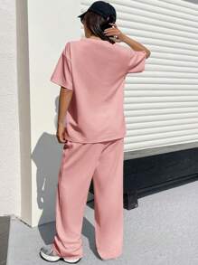 SHEIN EZwear Women Texture Casual Loose T-Shirt And Wide-Leg Pants 2Pcs Set - Dusty Pink - View 2