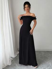 Selianne Đầm nữ thanh lịch, lãng mạn, trễ vai, xếp ly eo, vạt chữ A, chất liệu chiffon, phối ren. - màu đen - Xem 5