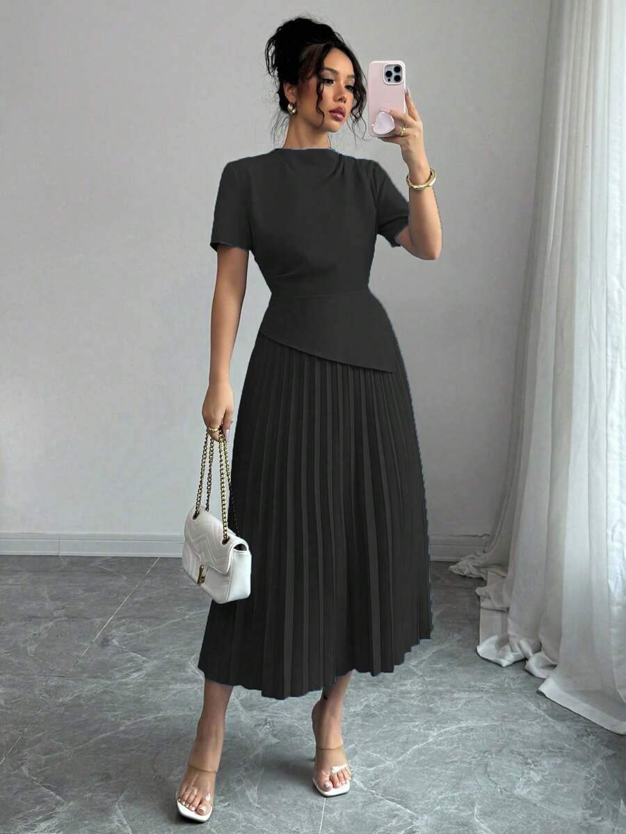 Elenzga 女士春夏通勤度假百褶系带连衣裙 - 黑色 - 查看 1