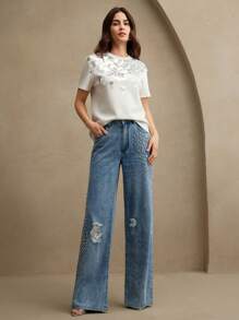 Anewsta 新款时尚闪亮钻石装饰做旧蓝色直筒牛仔裤，适合情人节和派对穿着 - 藍色 - 查看 2