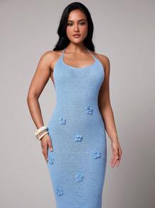 Silquee 女士优雅性感蓝色3D立体花卉吊带连衣裙，露背钩针编织，V领性感夏季度假长款吊带连衣裙，女士连衣裙，夏季，女士夏季服装，夏季服装，女士沙滩装，女士优雅服装，女士夏季服装，女士沙滩裙 - 藍色 - 查看 6