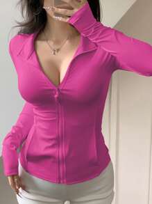 DAZY 女士休闲运动开衫外套，常规版型，春秋季女装外套 - 玫紅色 - 查看 4