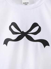 SHEIN Playful Pals 女嬰 2 件套：可愛蝴蝶結白色短袖 T 恤與淺藍色蝴蝶刺繡寬腿牛仔褲 - 白色 - 查看 6