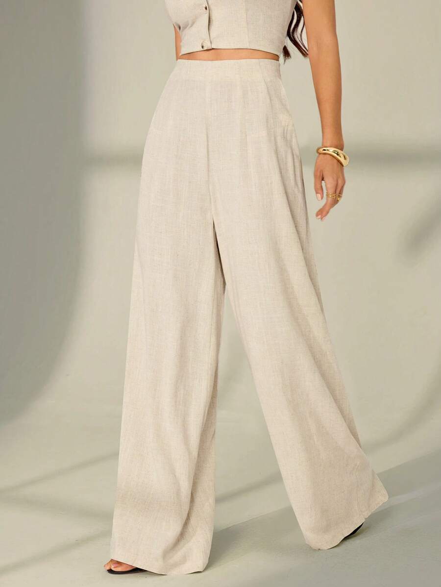 SHEIN Tall 女士休闲舒适高腰亚麻阔腿直筒裤，适合通勤、办公室、居家、度假，杏色 - 杏色 - 查看 1