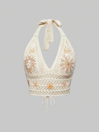 Hippie Women's Hippie Bohemian Style Embroidered Halter Neck Knitted Top With Moon & Star Pattern
