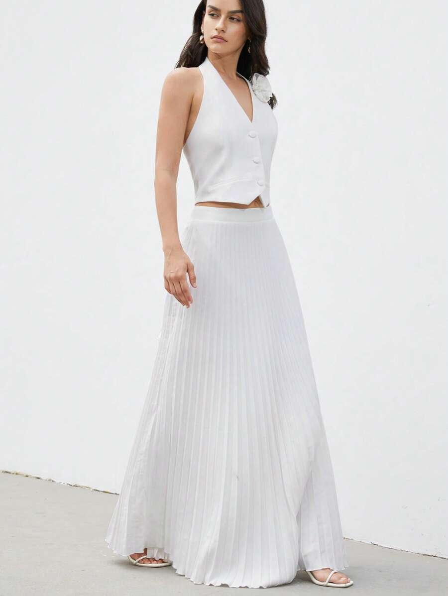 SHEIN Privé 优雅通勤 3D 花卉性感镂空系带领褶饰高腰大下摆半身裙 2 件套女士 - 白色 - 查看 1