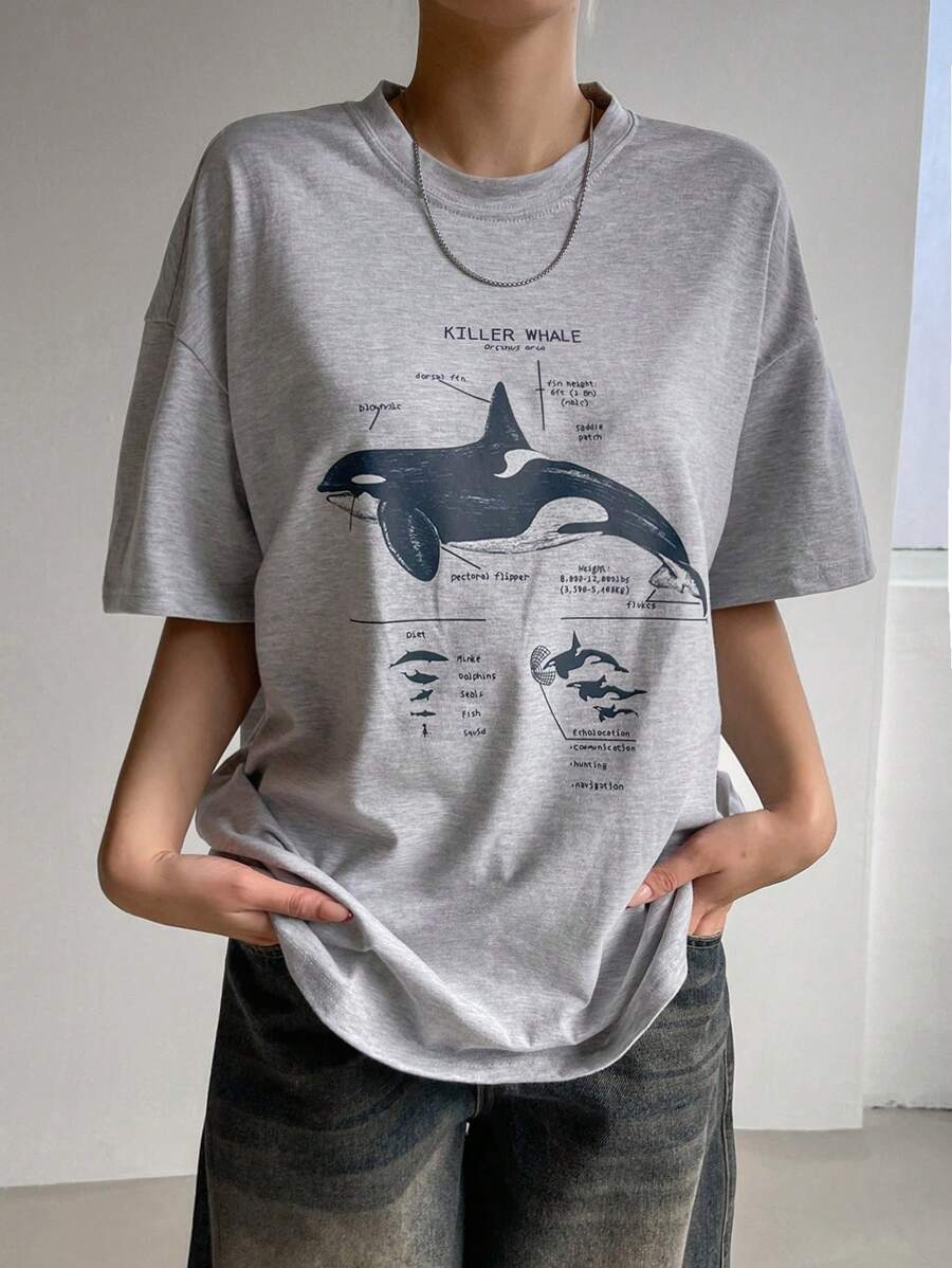 DAZY 女士动物印花圆领休闲短袖 T 恤图案 T 恤超大 T 恤 - 灰色 - 查看 1