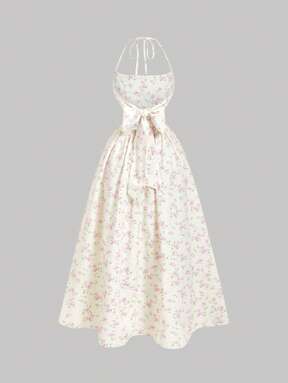 SHEIN MOD Vestido sin espalda con estampado floral amarillo y cierre de lazo - Perfecto para vacaciones en la isla, fiestas, citas, celebraciones de cumpleaños, té de la tarde y festivales, atuendos del 4 de julio, atuendos de vacaciones en la isla, atuendos de luna de miel, Y2K, atuendos de conciertos country, vestido de graduación