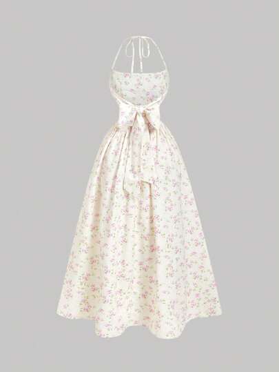 SHEIN MOD Vestido sin espalda con estampado floral amarillo y cierre de lazo - Perfecto para vacaciones en la isla, fiestas, citas, celebraciones de cumpleaños, té de la tarde y festivales, atuendos del 4 de julio, atuendos de vacaciones en la isla, atuendos de luna de miel, Y2K, atuendos de conciertos country, vestido de graduación