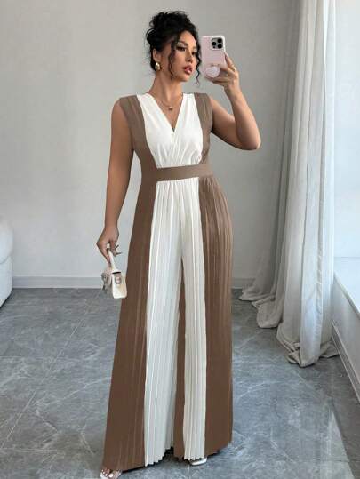 SHEIN PETITE CURVE 大码女式褶皱 V 领收腰阔腿休闲连体裤，适合日常、通勤和度假