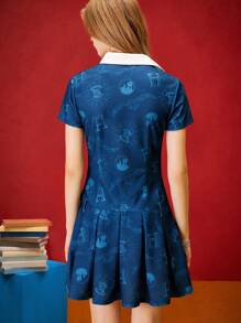 HARRY POTTER X SHEIN Đầm ngắn tay in chữ cho nữ - Màu xanh hải quân - Xem 2