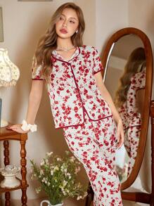 CottageSlumber Floral Printed Lapel Short Sleeve Top And Pants Pajama Set For Women Holiday Season - Burgundy - View 6