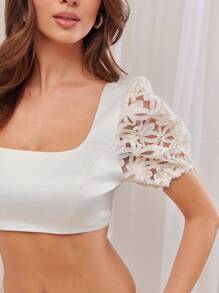 L'Amorae 女士优雅性感 3D 花卉拼布露背超短上衣，夏季 - 杏色 - 查看 3