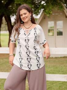 LanaWest Conjunto de top y pantalones de talla grande con cuello redondo y estampado de plantas - Multicolor - Ver 1