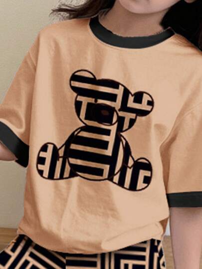 SHEIN Leap Crew 2Pcs Tween Girl Casual Minimalist Short Sleeve T-Shirt And Shorts Set, Suitable For Summer
