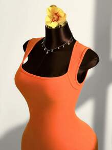 Amplova Women's Orange Knitted Mini Dress: Sleeveless, Square Neck, Backless, And Semi-Sheer Bodycon Dress For A Stylish Look